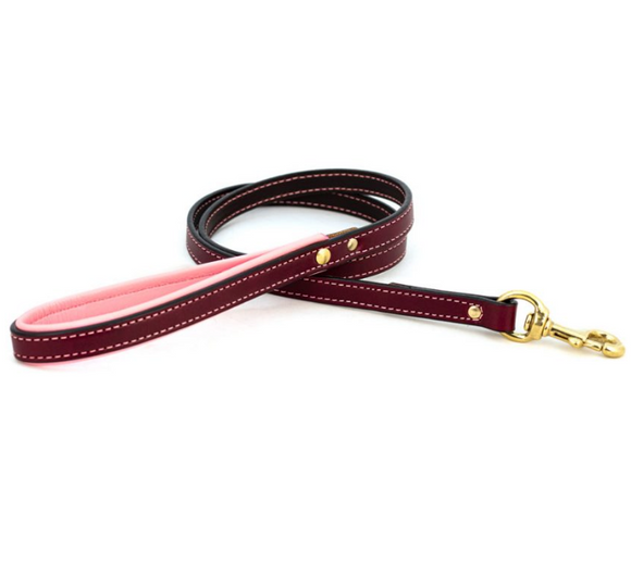  Padded Leather Leash - Burgundy & Pink