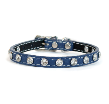 Tuscan Mini Leather Dog Collar in Navy Blue - Crystallized