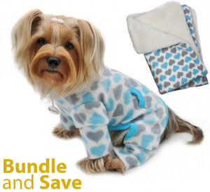 Blue and Grey Hearts Fleece Pajama with 20% OFF Blanket Bundles - Le Pet Luxe