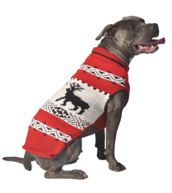 Apres Ski ~ Hand Knit Wool Red Reindeer Dog Shawl - Le Pet Luxe