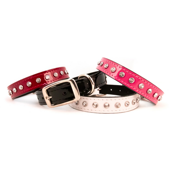 Manhattan Patent Leather Collar – 1 Row Crystals - Le Pet Luxe