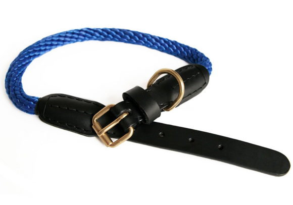 Rope And Leather Collar With Buckle ~ Deep Blue