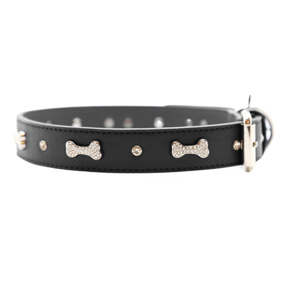 VP Pets Designer Diamond and Bone Leatherette Collar ~ Black