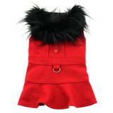 Designer Red Wool Blend Classic Dog Coat Harness and Fur Collar with Matching Leash