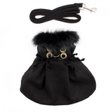 Designer Black Wool Blend Classic Dog Coat Harness and Black Fur Collar with Matching Leash