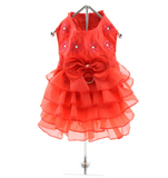 Christmas Red Satin Ruffled Dress with D Ring and Leash