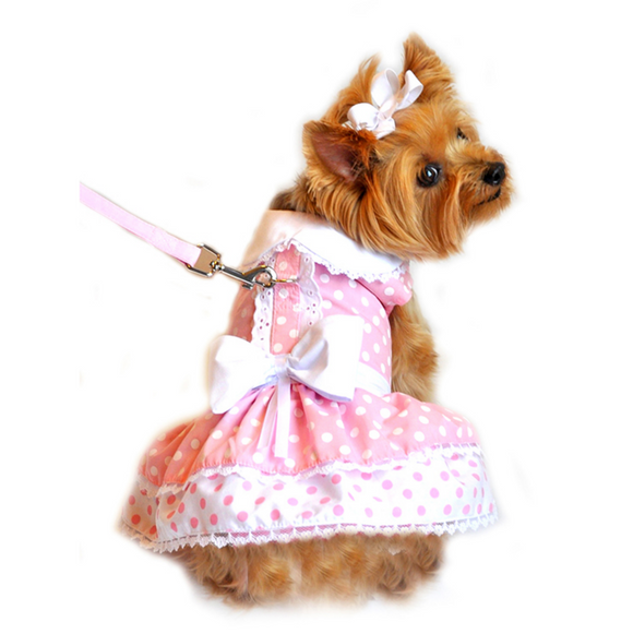 Pink Polka Dot and Lace Dog Dress Set with Leash