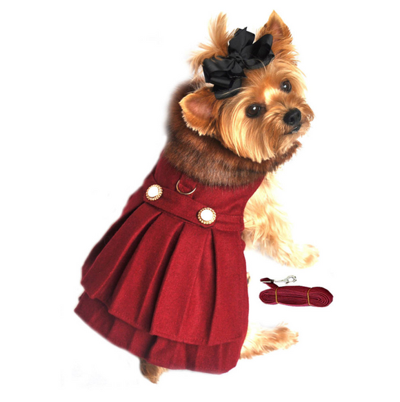 Designer Burgundy Wool Blend Classic Dog Coat Harness and Fur Collar with Matching Leash