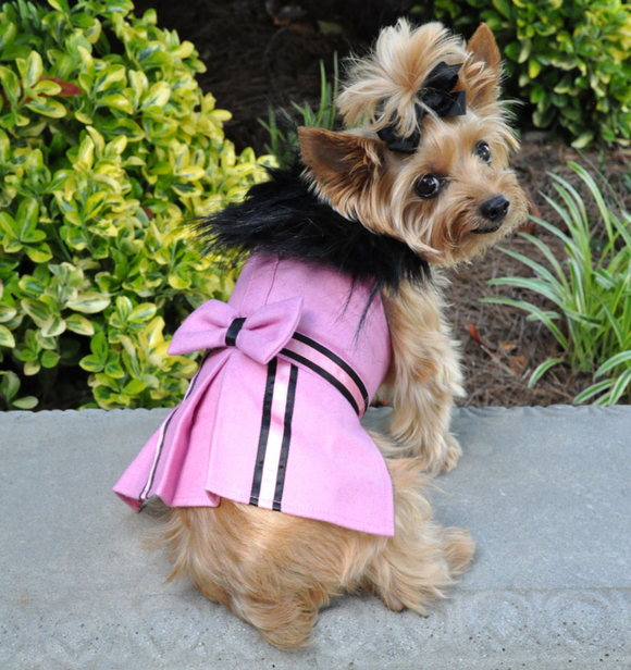 Designer Pink Wool Blend Classic Dog Coat Harness and Fur Collar with Matching Leash
