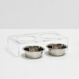 Small Clear Double Dog Bowl Feeder with Silver Bowls
