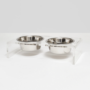 Large Clear Double Dog Bowl Feeder with Silver Bowls