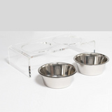 Large Clear Double Dog Bowl Feeder with Silver Bowls