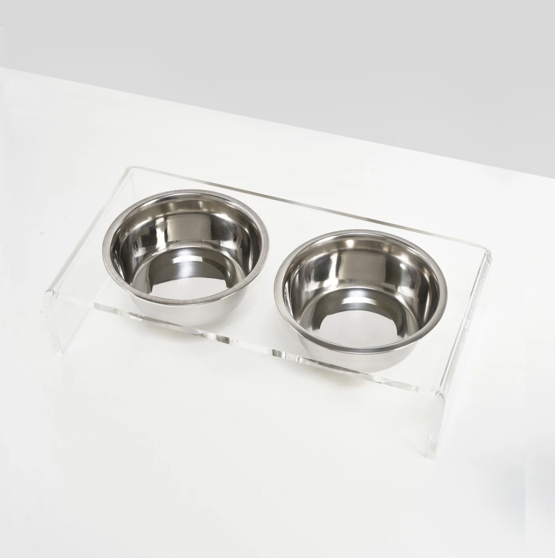 Large Clear Double Dog Bowl Feeder with Silver Bowls - 1 Quart