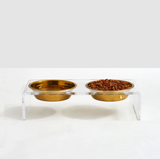 Small Clear Double Dog Bowl Feeder with Gold Bowls