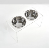 Tall Clear Double Dog Bowl Feeder with Silver Bowls