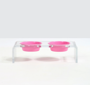 Clear Double Dog Bowl Feeder with Color Bowls ~ Pastel Pink