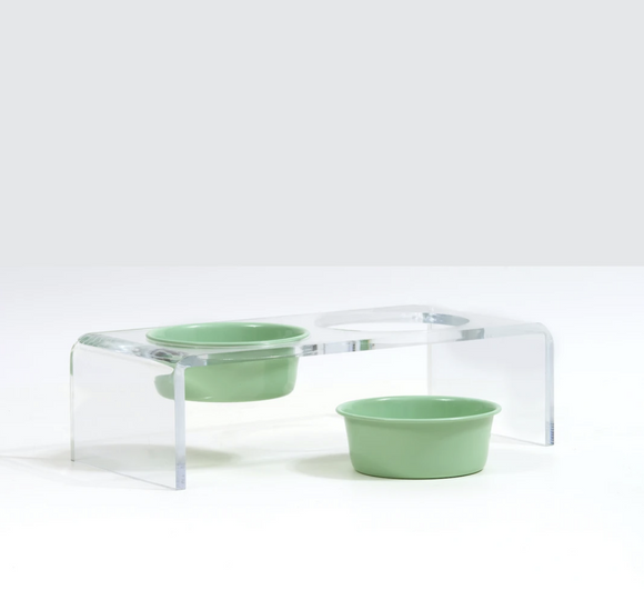 Clear Double Dog Bowl Feeder with Color Bowls ~ Mint Green