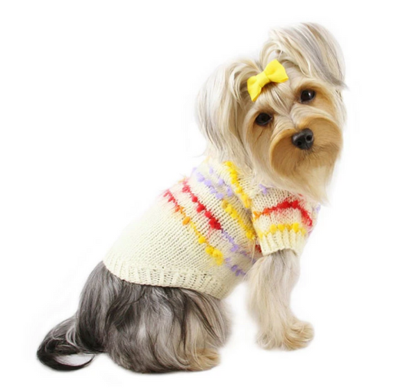 Cute Ivory Hand Knitted Sweater with Colorful Trims