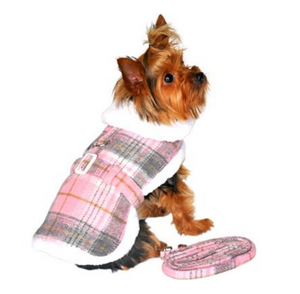 Sherpa Line Dog Harness Coat - Pink and White Plaid with Matching Leash