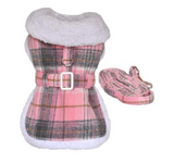 Sherpa Line Dog Harness Coat - Pink and White Plaid with Matching Leash