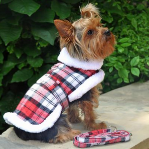 Sherpa Line Dog Harness Coat - Red and White Plaid with Matching Leash