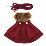 Designer Burgundy Wool Blend Classic Dog Coat Harness and Fur Collar with Matching Leash