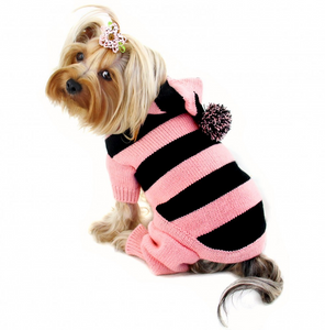 Stripy Bodysuit with Long Hoodie and Pompom - Le Pet Luxe