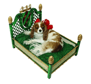 Faux Malachite Iron Lattice and Woven Rattan Pet Bed with Crown and Artichoke Accents - Le Pet Luxe
